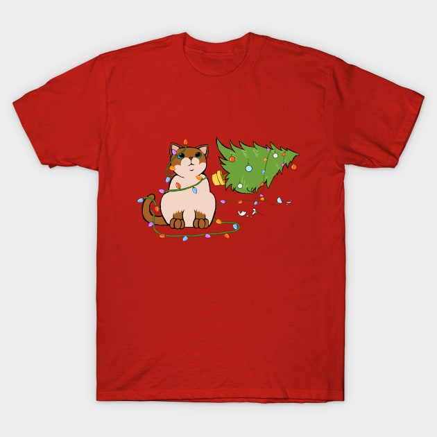 Meowy Christmas Siamese Cat Knocking Over Christmas Tree T-Shirt by xenotransplant